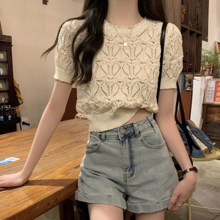 White Short Crochet Hollow Knitted Shoulder Short-sleeved T-shirt Women's Summer Sexy Niche Design Ice Silk Top