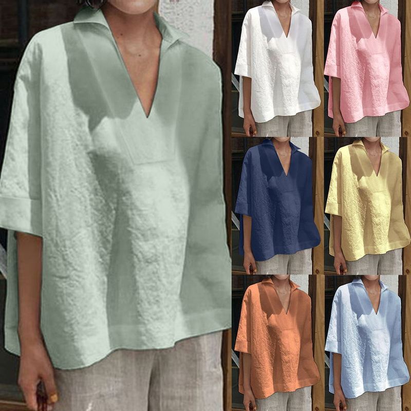2020 Aliexpress V-Neck Cotton and Linen Short-Sleeve Women's Shirt Versatile Color Loose Top Short Style Three-Quarter Sleeve Loose Fit