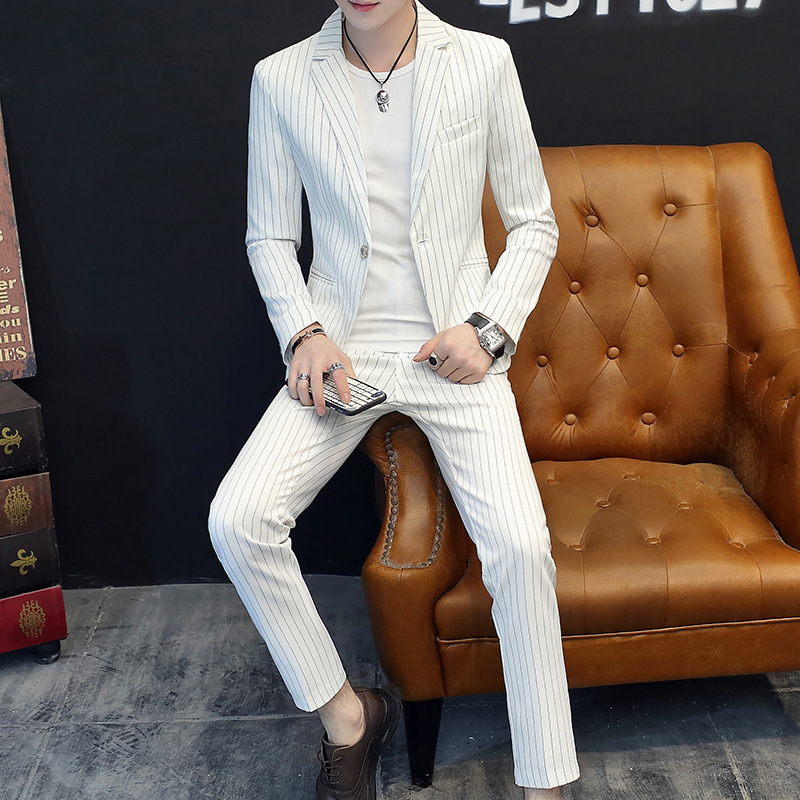 Spring and Autumn Suit Men's Korean Style Youth Fashion Wedding Best Man Dress Slim-fit Suit Ankle-length Pants Two-piece Set