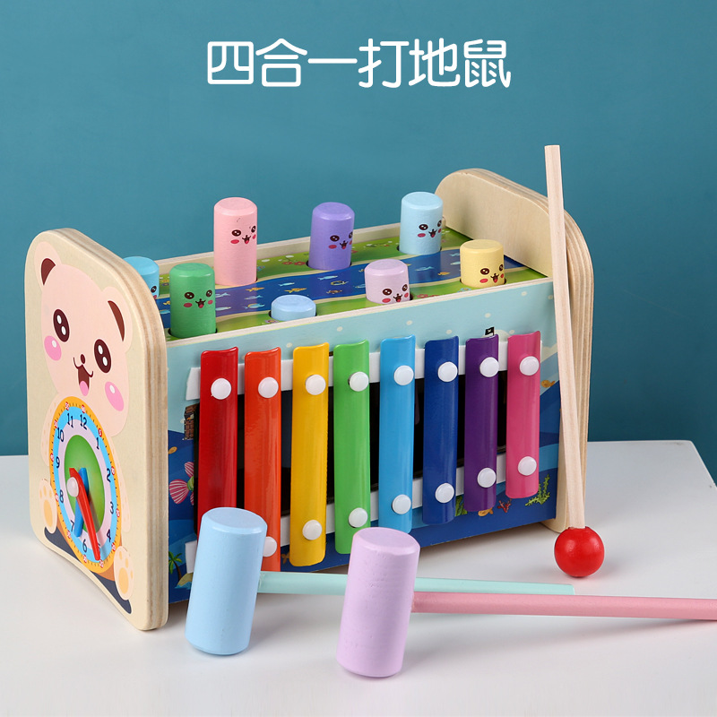 Niños de madera multifuncional siete en uno música hámster bebé tocando piano dibujos animados pesca juguetes educativos 1-3 años