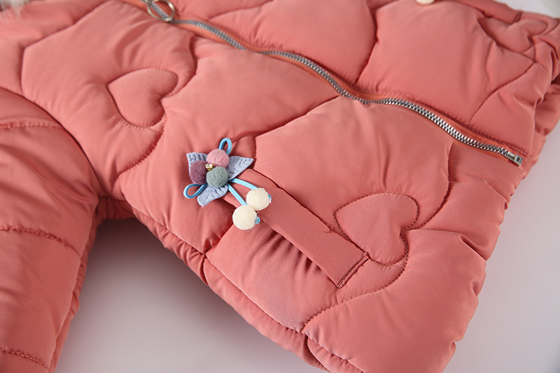 Girls' Cotton-padded Coat Winter Small and Medium-sized Children's Korean Style Baby Girl's Small Flower Ball Bow Hooded Cotton-padded Coat
