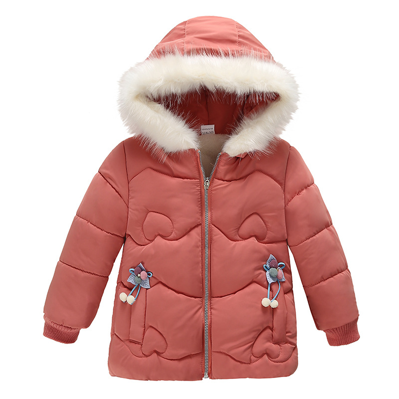 Girls' Cotton-padded Coat Winter Small and Medium-sized Children's Korean Style Baby Girl's Small Flower Ball Bow Hooded Cotton-padded Coat