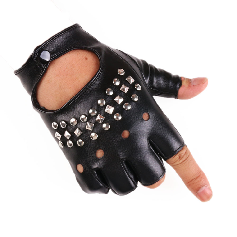 Hip hop medio dedo guantes club nocturno para hombres guantes de remache de baile de polo rendimiento baile de primavera y verano rendimiento de baile guantes de cuero