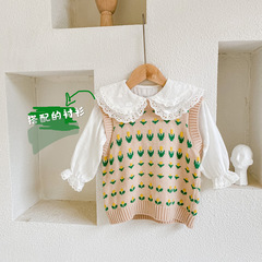 2022 Spring and Autumn New Girl's Cotton Princess Blouse Lace Ruffle Collar Long Sleeve Top Korean Style Underwear 