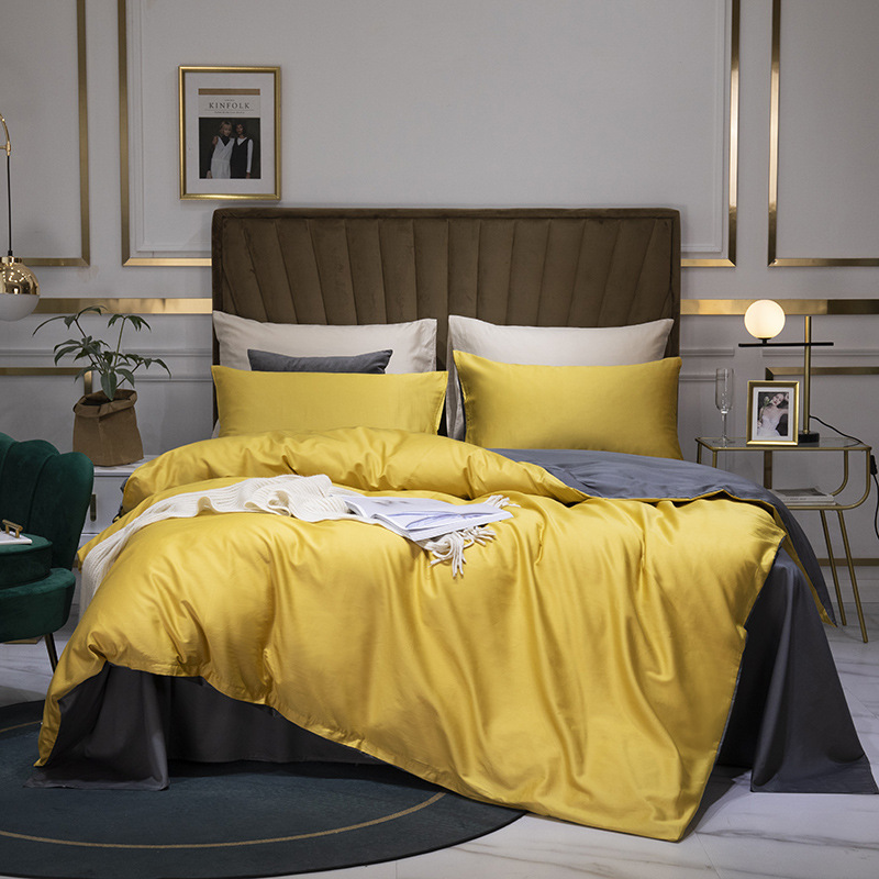 60-count Satin Pure Bedding Set, Hotel-style Nordic Design, Solid Color Long-staple Cotton Four-piece Set With Fitted_voghion.com