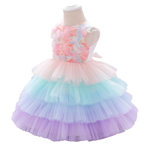 2024 New European and American Children's Baby First Birthday Dress Flower Girl Puffy Cake Skirt Wedding Dress Princess Skirt for Girls 