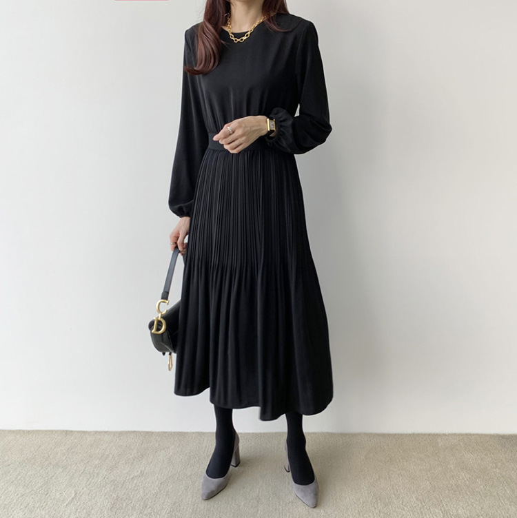 In Stock in Four Colors 2026 Chic Korean Style New Elegant Ladylike Waist-Cinching Slimming Pleated Long Dress