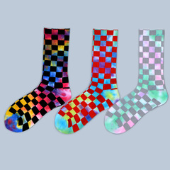 Tie-dye checkered socks for men, mid-calf ribbed street fashion socks, wholesale for students, patterned high-top socks for women, cotton socks