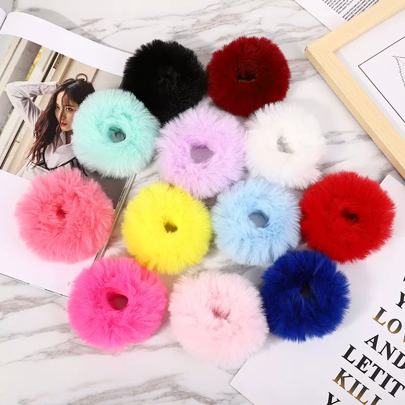亚马逊新款女式韩版发绳 秋冬款纯色仿兔毛毛绒发圈 饰品厂家批发