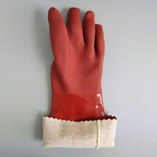 浸胶劳保手套铁红色PVC磨砂面棉布内衬磨砂工业胶40公分长手套