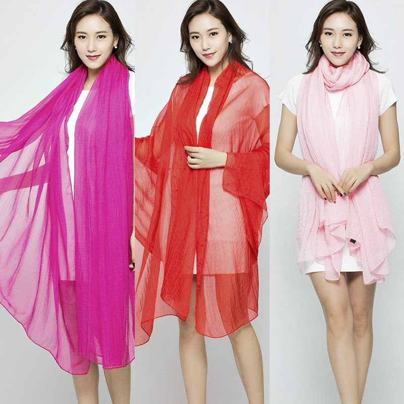 Summer Solid Color Imitation Silk Oversized Silk Scarf Seaside Beach Towel Long Spring and Summer Women's Chiffon Scarf Pleated Shawl