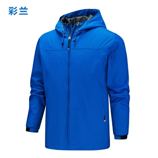 春普通纯现货拉链合体型青年休闲连帽蓝色拉链挖袋夹克
