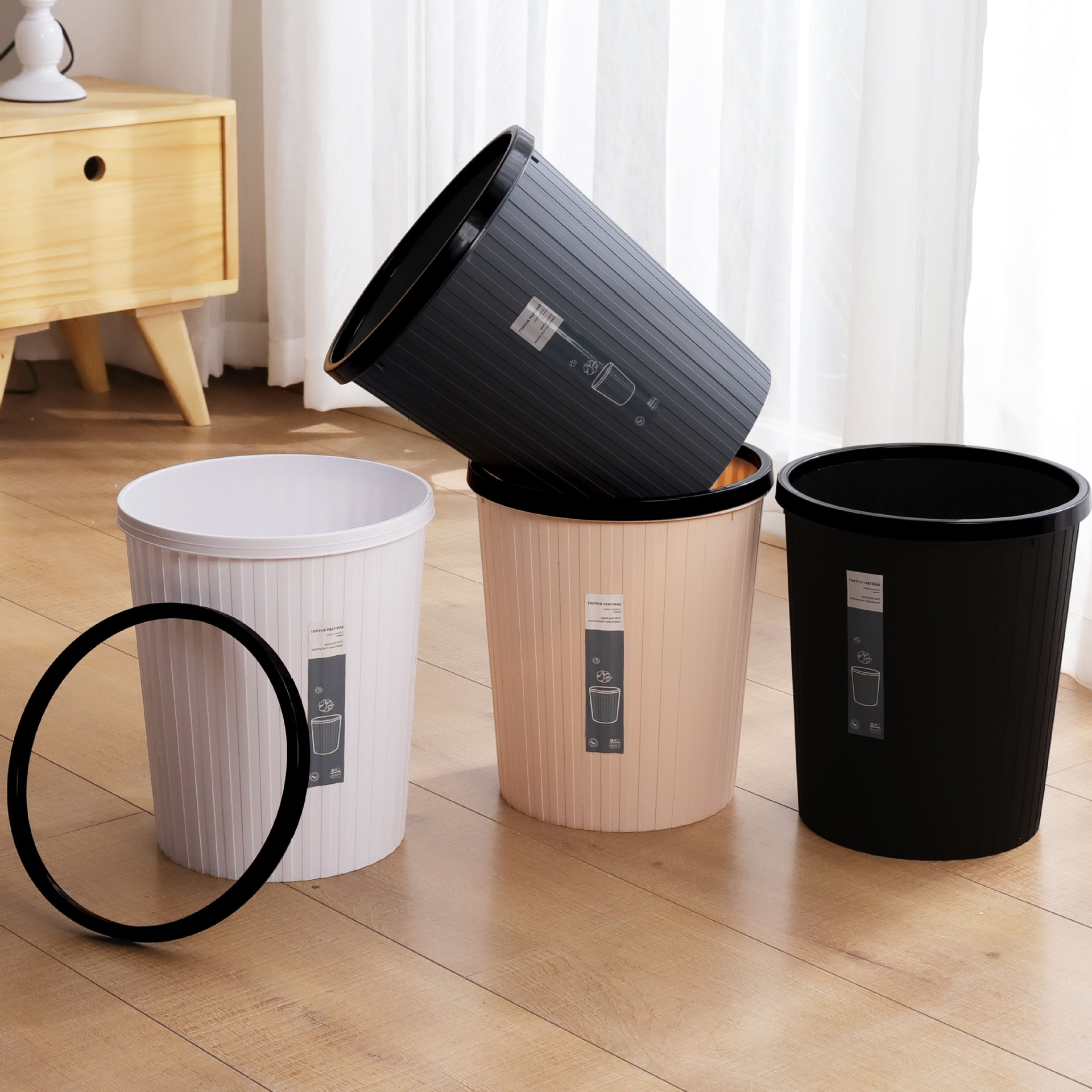 家用无盖带压圈垃圾桶简约卫生间客厅条纹纸巾篓大容量卧室收纳桶