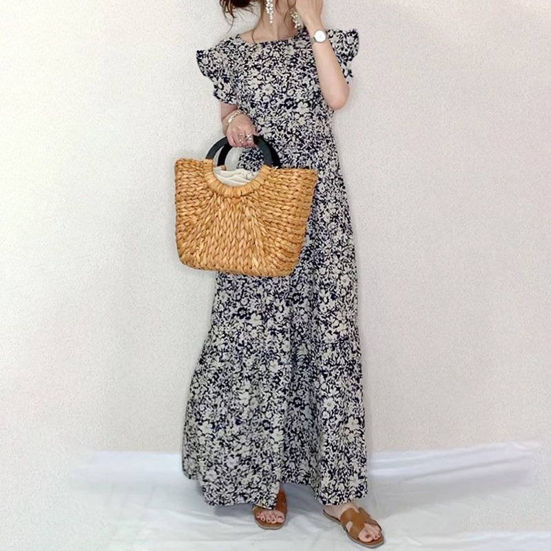 In stock AliExpress lazada Amazon wish loose ruffle sleeve plus size Japanese dress printed maxi dress