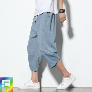 Chinese Style Cotton and Linen Capri Pants Men's Japanese Style Large Size Loose Capri Pants Beach Pants Wide Leg Pants Men's Bloomers