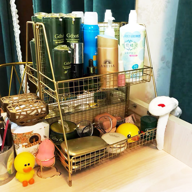 Fábrica directa escritorio almacenamiento rack cosméticos hierro oro rosa multi-capa Oficina Mesa dormitorio almacenamiento rack