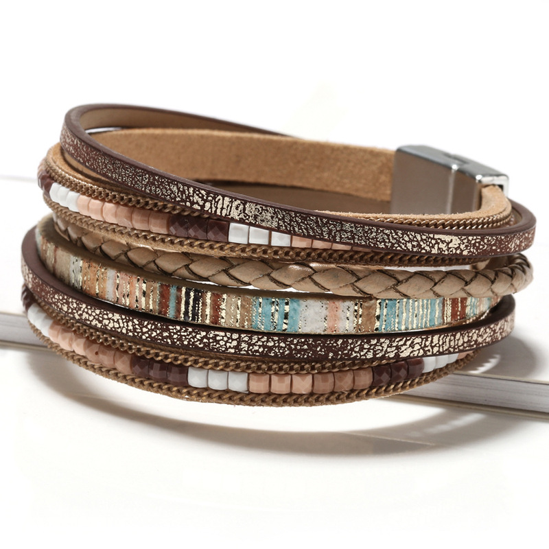 Cross-Border Hot Selling Bohemian Hand-Woven Leather Bracelet Women's Alloy Magnetic Buckle Multi-Layer Pu Bracelet Available in Multiple Colors