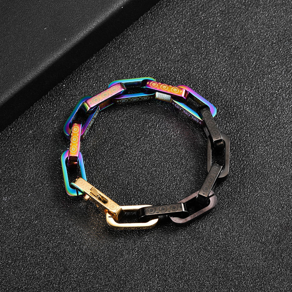Original Fashion Colorful Hip-Hop Couple Daisy Element Square Three-Dimensional Stitching Bracelet Press Buckle Titanium Steel Chain