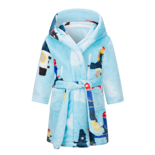 New children's flannel robe with European and American cartoon print home fleece bath robe for boys and girls, with pockets, full-handled, wholesale