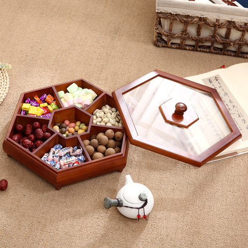 Modern Chinese Style Solid Wood Dry Fruit Plate for Home Living Room Divided with Lid Wood Nut Plate Creative Candy Sunflower Seed Storage Box