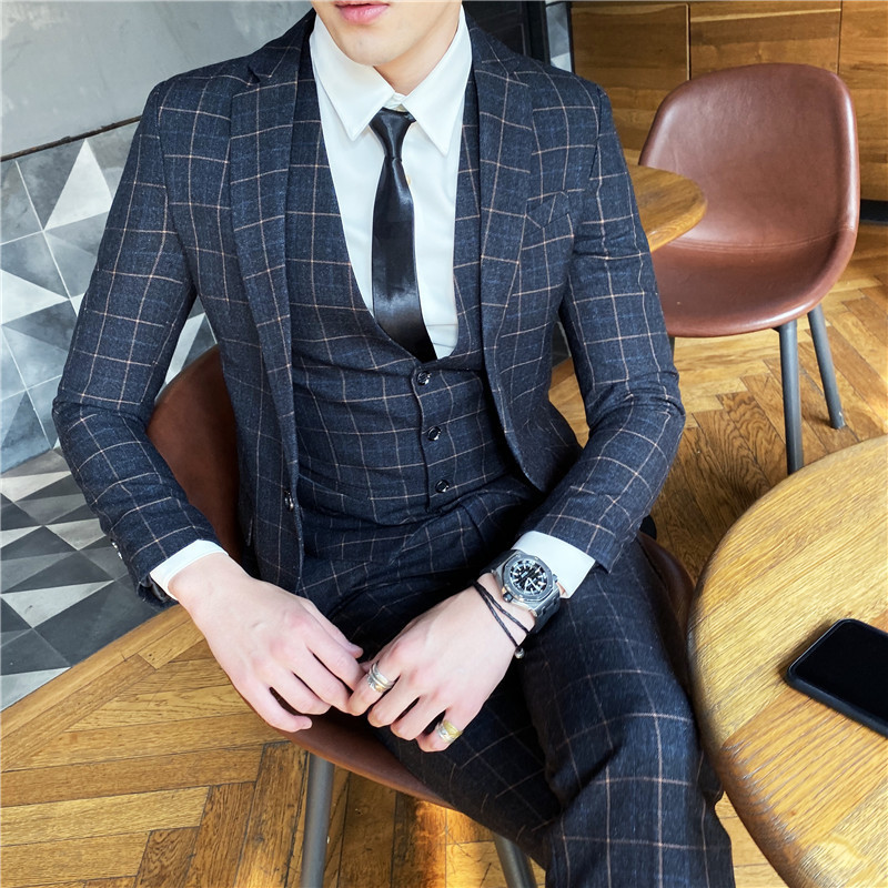 New Suit suit Men's Three-Piece Set Spring and Autumn Korean Style Slim-Fit Plaid Small Suit Groom Accompanied by British Style Business