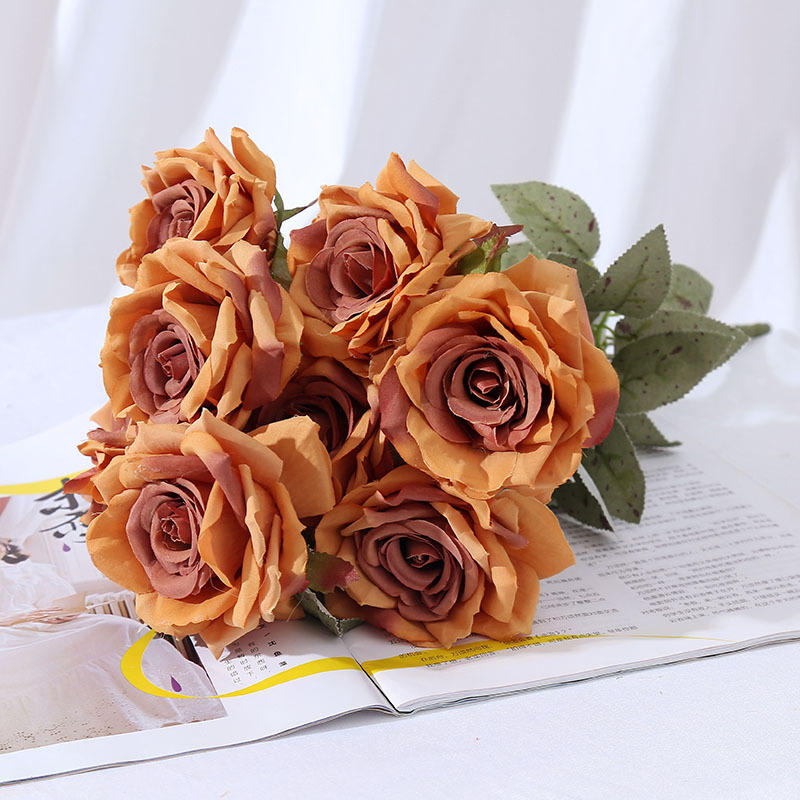 Multi-cabeza rosa artificial falso ramo flor pared de seda floral decoración de la boda manejar rojo naranja diez cabeza nueve cabeza