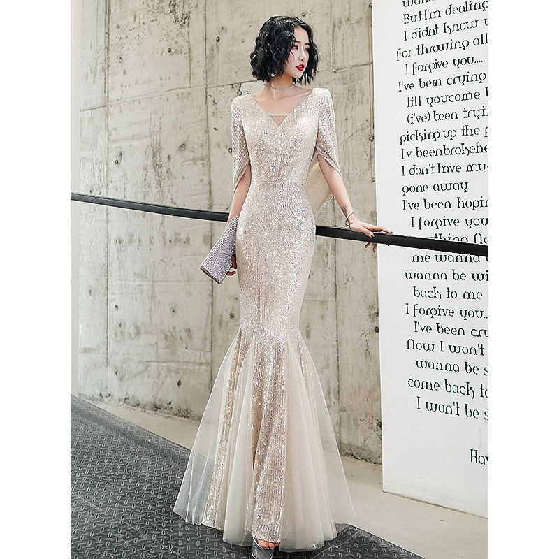 High-End Elegant Annual Meeting Evening Dress for Women 2025 Spring Atmospheric Champagne Color Host Fishtail Banquet Slim Long Style