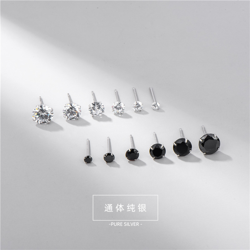 S925 Sterling Silver Black and White Four Claw Zircon Earrings for Men and Women Japanese and Korean Style Very Simple Drilled Basic Earrings Source Generation Hair