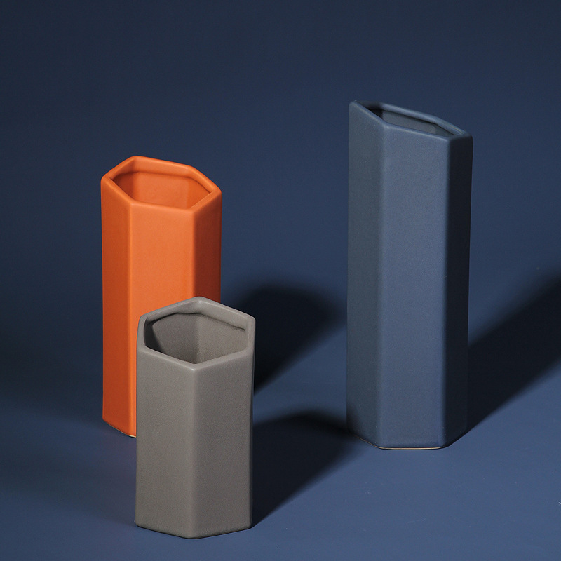 Moderno minimalista geométrico multilateral jarrón de cerámica florero hogar sala de estar diseñador decoración suave adornos