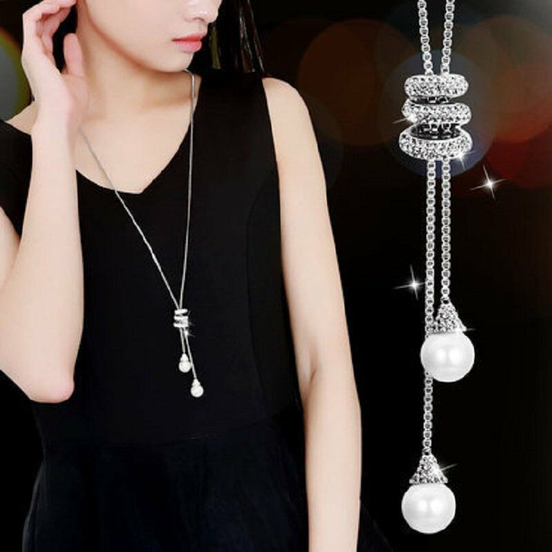 Nuevo estilo largo simple perla espiral colgante largo COLLAR COLGANTE todo-fósforo diamante borla suéter cadena para las mujeres al por mayor image 1