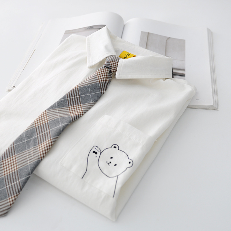 Muxia ~ Japanese College Style Detachable Plaid Tie Shirt Bear Printed White Girl Short Sleeve Shirt Muxia ~ Japanese College Style Detachable Plaid Tie Shirt Bear Printed White Girl Short Sleeve Shirt