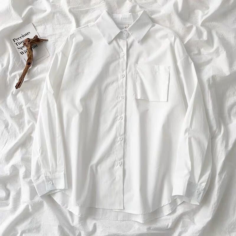 White Shirt Women's Design Sense Niche 2020 Spring New Loose Student Retro Hong Kong Style College Style Long Sleeve Top