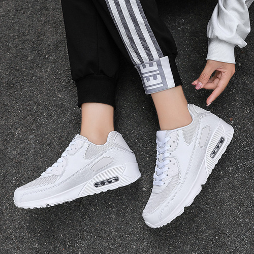 0590 Student Air Cushion Shoes for Women, Korean Style White Sneakers, Thick Sole Running Shoes for Women, Summer Casual Wave Shoes, White Athletic Shoes