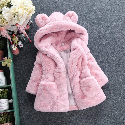 Children's winter coat with plush rabbit ear design, faux fur outerwear for girls and boys, warm cotton-filled sweater for autumn and winter
