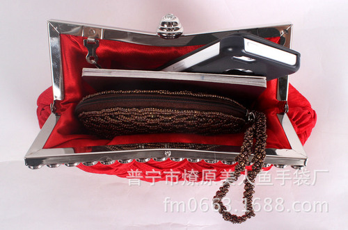 Wholesale factory silk brocade woven evening bag with water diamonds, diamond-embellished wedding clutch, pleated evening gown handbag for women