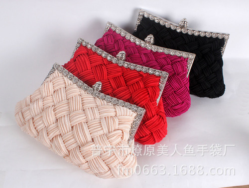 Wholesale factory silk brocade woven evening bag with water diamonds, diamond-embellished wedding clutch, pleated evening gown handbag for women