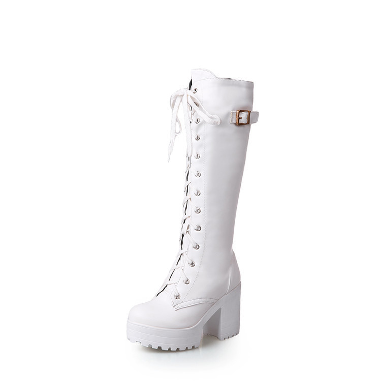 2024 Cross-Border Foreign Trade Thick Heel High Boots Women's Waterproof Platform High Heel Long Boots Lace up 40-43 Large Size Wholesale