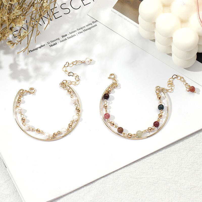 Candy Rainbow Tourmaline Bracelet Women's Freshwater Pearl Fashion Easiest for Match Double Layer Ins Niche Design