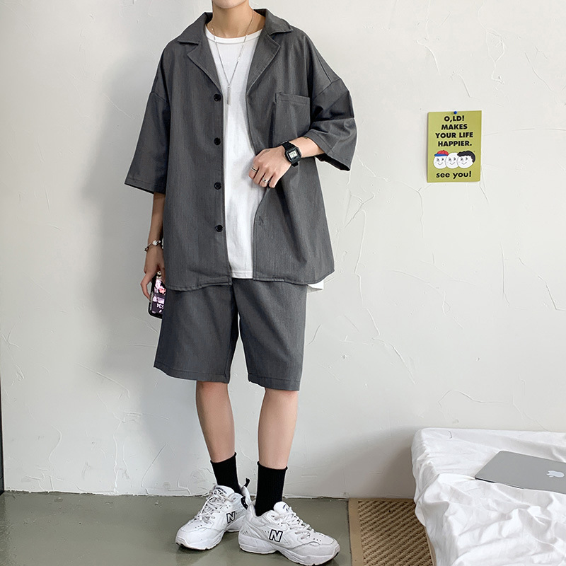 남성용 여름 얇은 반팔 작은 양복 정장 한국식 학생 루즈하고 트렌디한 투피스 캐주얼 5부 양복 바지
