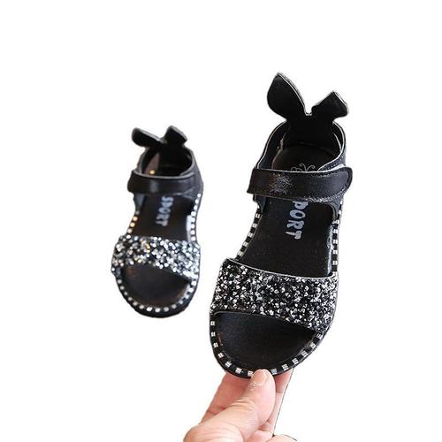 1-12岁夏儿童兔耳朵凉鞋女童亮片水钻罗马鞋包跟露脚趾中大童童鞋