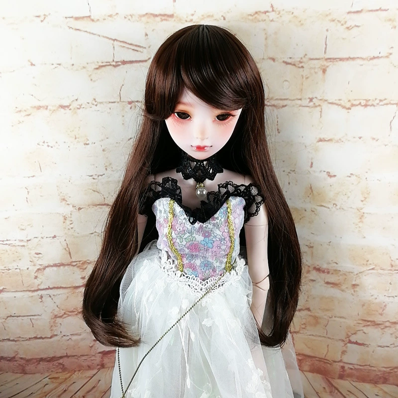 Doll wig for BJD/SD dolls, high-temperature silk micro-rolled, oblique bangs, 3–4 attachment points