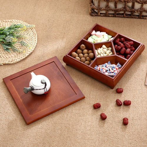 Modern Chinese Style Solid Wood Dry Fruit Plate for Home Living Room Divided with Lid Wood Nut Plate Creative Candy Sunflower Seed Storage Box