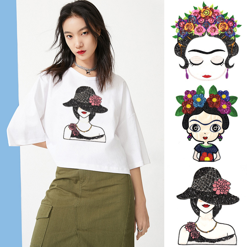 大号亮片女孩时尚姑娘布贴装饰T恤衣服外套补丁贴破洞贴可缝可烫