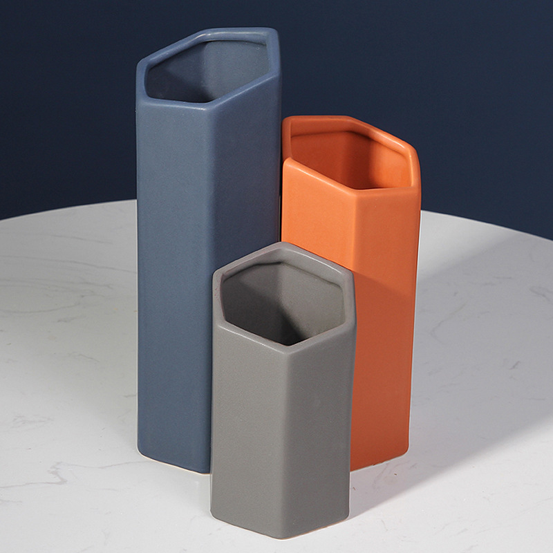 Moderno minimalista geométrico multilateral jarrón de cerámica florero hogar sala de estar diseñador decoración suave adornos