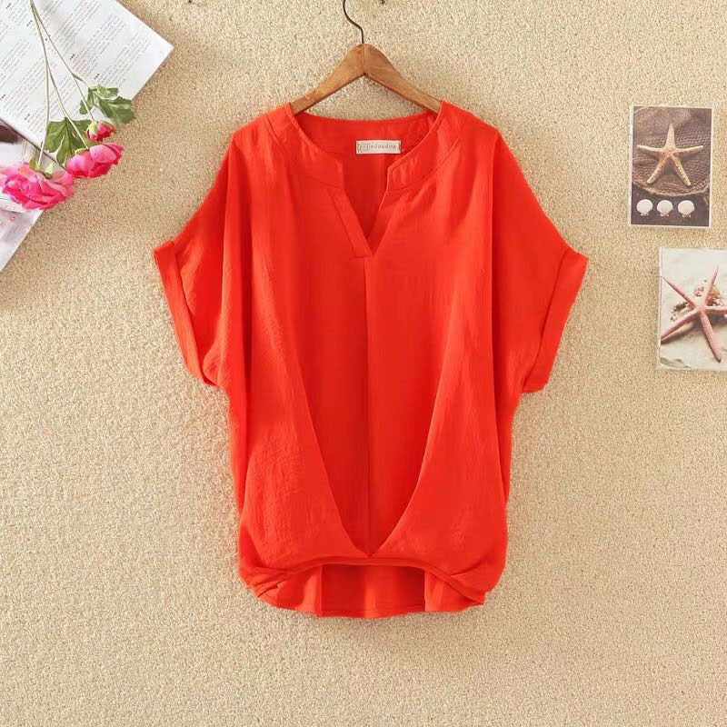 2022 Summer Large Size Loose Elegant V-neck Chiffon Shirt Top Women's Short-sleeved Batmobile Shirt Hide Flesh Cotton and Hemp Shirt Shirt