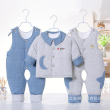 婴儿棉衣套装冬加厚宝宝棉袄背带裤三件套新生儿冬季衣服一件代发