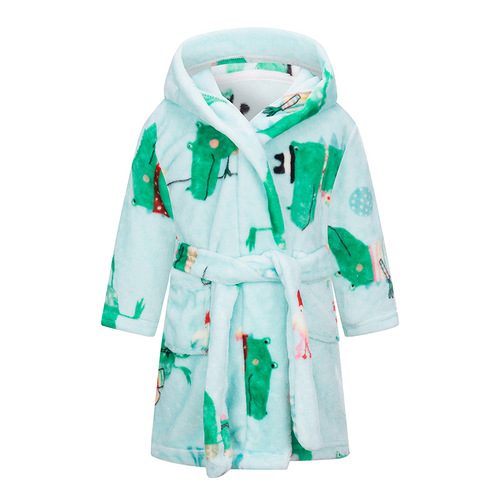 New children's flannel robe with European and American cartoon print home fleece bath robe for boys and girls, with pockets, full-handled, wholesale