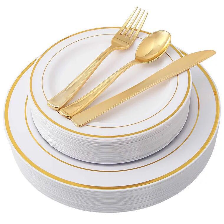 125 Rose Gold Plastic Disposable Dinner Plate Phnonte Plate Knife and Fork Spoon suit PS Plastic Dessert Plate suit