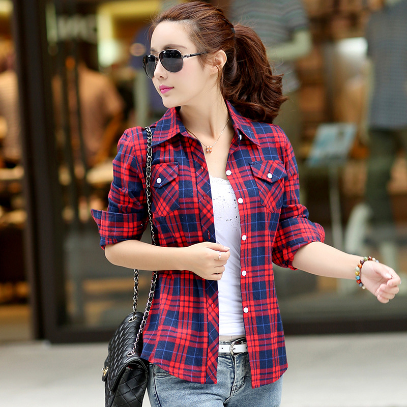 2024 Spring and Autumn new women's plus size plaid shirt Women's Korean-style women's long-sleeved cotton shirt slim fit women's shirt