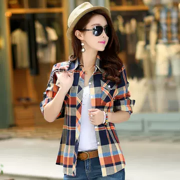 2024 Spring and Autumn new women's plus size plaid shirt Women's Korean-style women's long-sleeved cotton shirt slim fit women's shirt - ShopShipShake